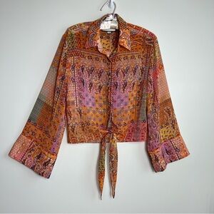 Alexis Sheer Orange Multicolor Paisley Button Tie Front Wide Sleeve Blouse XS